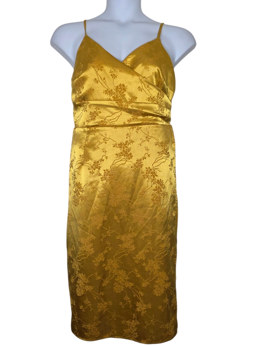 Floral‎ Print Satin Midi Dress 12 Gold V-neck Empire Waist Vintage Inspired Chic